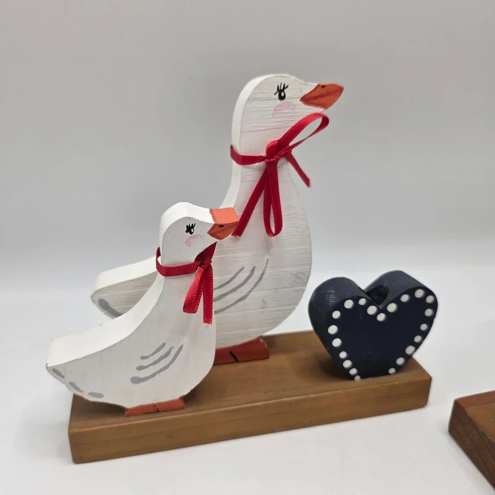 Goose Candle Holders Set of 2 White Blue Heart Wood Folk Art Farmhouse Decor
